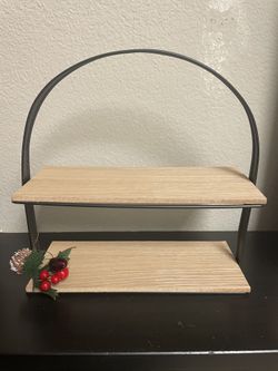 Tiered Tray Wood & Black Metal Oval Handle Christmas