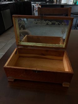 Vintage Wooden Jewelry Box with Mirror Lid
