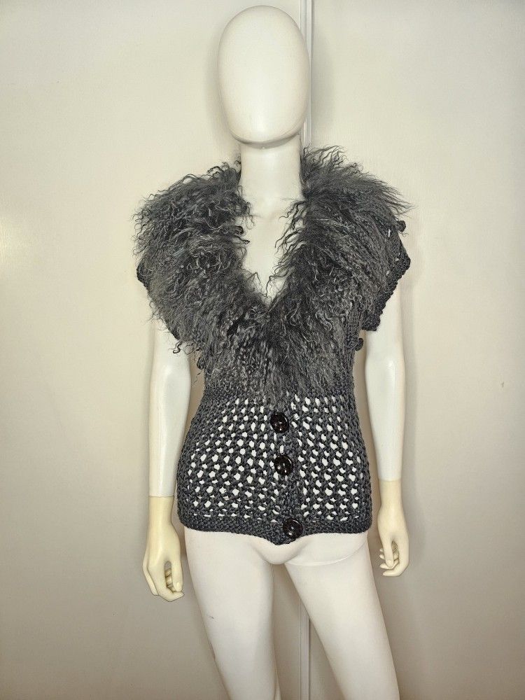 Dolce Cabo Womens Dark Grey Mongolian Lamb Fur Knit Crochet Vest Size S