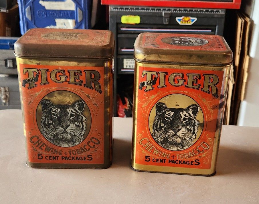 2 VINTAGE BRIGHT TIGER CHEWING TOBACCO TINS 9 INCHES BY 6 INCHES BY 5 INCHES,All Products : American Fashion Style Bags On Sale