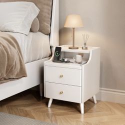 Wood Nightstand 15.7" Wide Bedside Table with 2 Drawers and Large Storage Solid Wood End Table w/ Open Shelf & Cable Hole Modern Storage Cabinet White