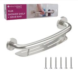 Plus 16 in. Concealed Screw Grab Bar And Shampoo Shelf, 2-In-1 Decorative Grab Bar, ADA Compliant in Brushed Steel