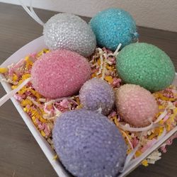  Vtg Easter Egg Ornament Set 7 Glass Look Beaded Pastels W Ribbon 2 Sizes