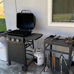 Complete BBQ Bundle: Dyna-Glo 3-Burner Grill, Full Propane, Cart & Tools