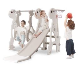 Kids Slide Set - Indoor Baby Slide - Freestanding Play Set with Basketball Tires and Height Adjustable Swing (white Gray)Firm Price)
