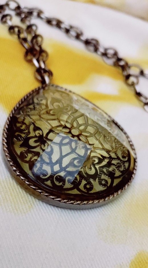 Amber Acrylic Pendant With Gunmetal Grey Hardware Long Necklace