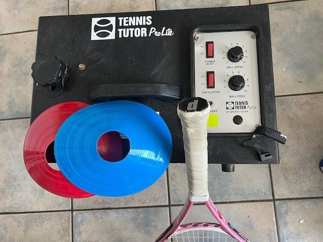 Tennis Tutor Tennis Ball Machine ProLite w good battery, battery maintainer, Racket, Balls, Ball Pickup Tube Targets