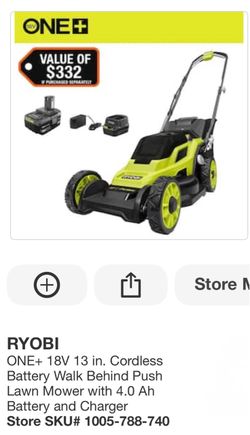 Ryobi one + 13 inch/18 V push Moore kit comes with 4AH battery and charger