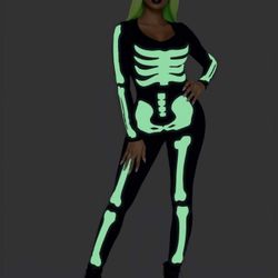 Brand New Halloween Women’s Glow in The Dark Skeleton Bodysuit Halloween Costume (Size = Small)