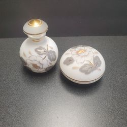 1930 or 40' Perfume Bottle and Powder Box Frosted Flower with Gold Guilded. 