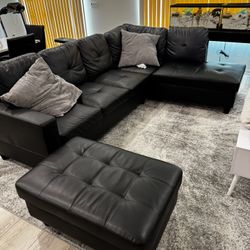  Black Leather Sofa with Storage Ottoman – Like New!