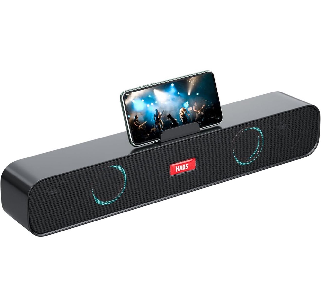DE HILEFFE Speakers with Phone Holder - 10W Stereo Soundbar, Enhanced Bass, Colorful Lighting, USB Power, Portable Speaker for Desktop, Laptop, PC, Pa