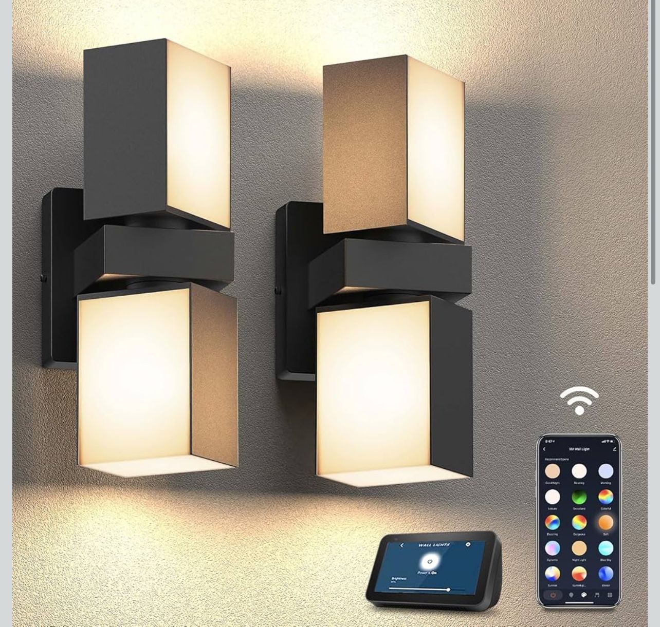 2 Packs Outdoor Wall Lights, 1400LM Smart RGBCW Porch Lights Outdoor Exterior House LED Wall Lighting, WiFi APP Control, Compatible with Alexa