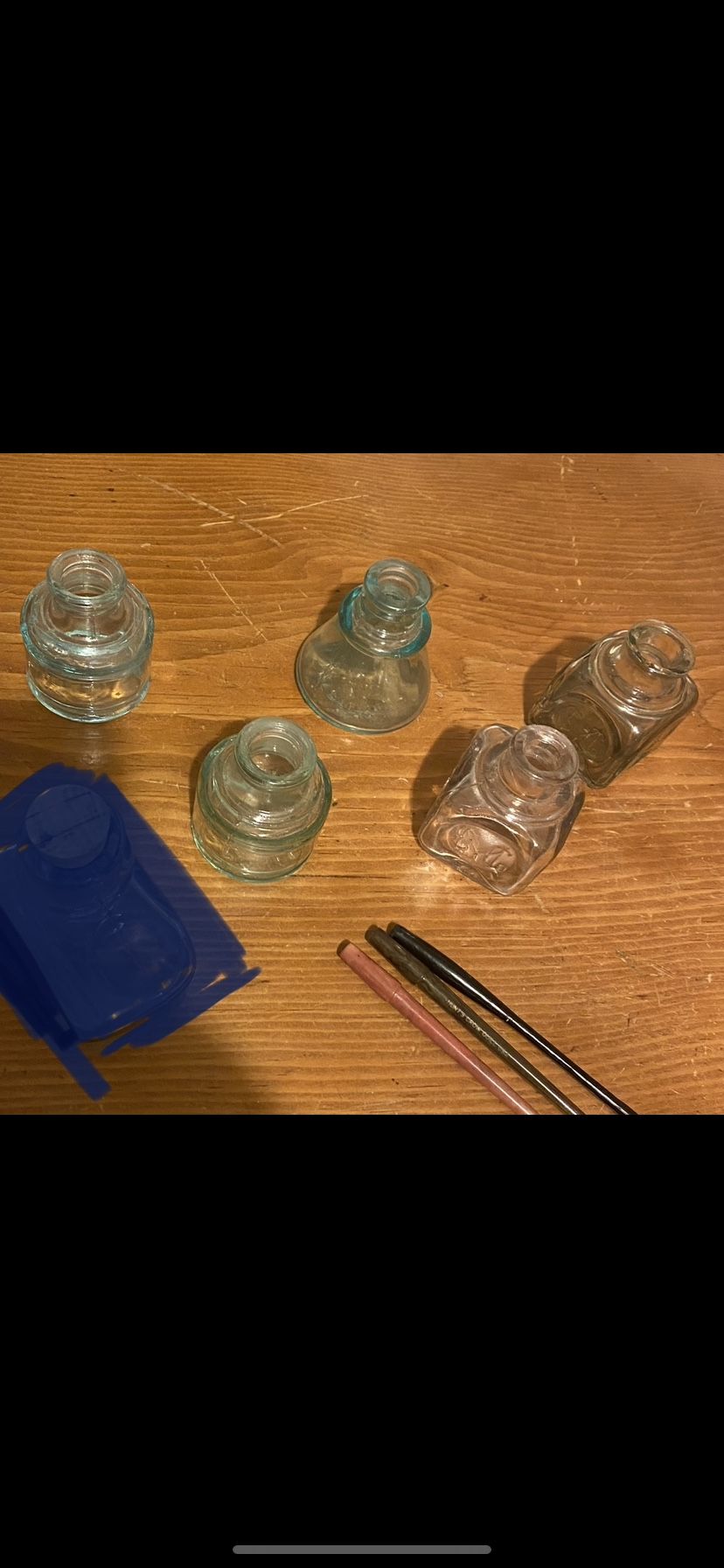 Antique Ink Bottles (5) Pens (3) 