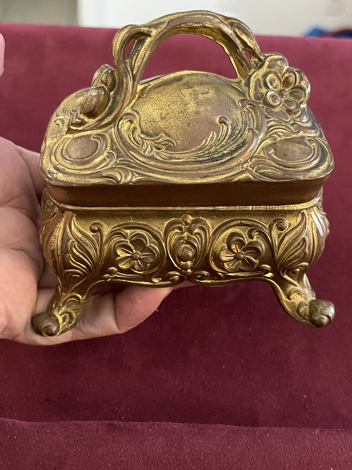 Antique Vintage French Art 19 Century Nouveau Jewelry Box With Silk Lining Heavy 