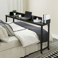 70.8" Overbed Table with Wheels, Mobile Standing Workstation Laptop Cart for Queen Full Size Bed, Black
