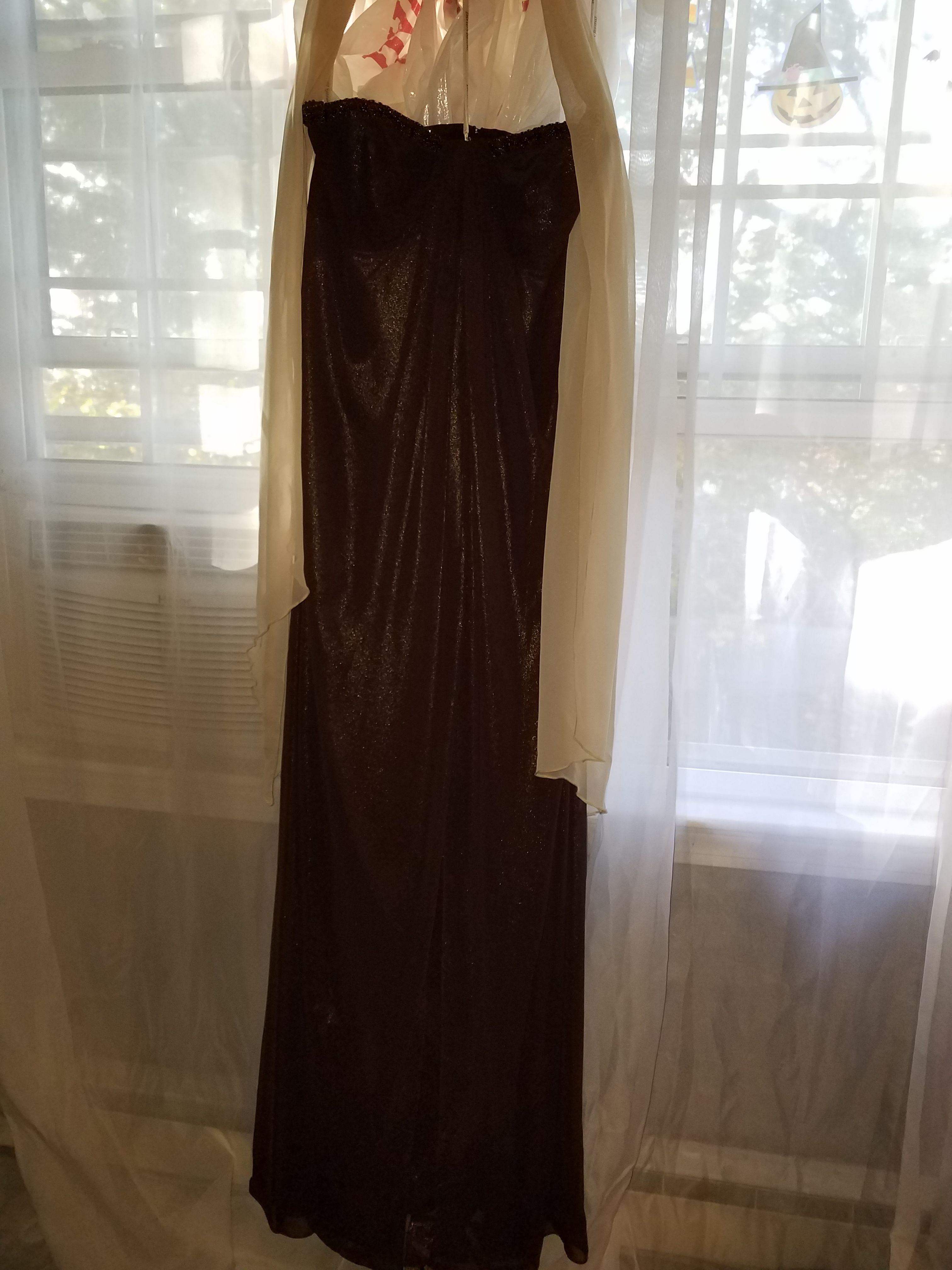 David's bridal dark brown gown with tan wrap
