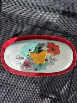 Pioneer Woman Butter Dish – Floral Design with Lid – Red Base