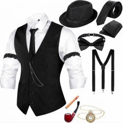 Men's 1920s Gangster Mobster Costume Set with Vest & Accessories - Size Medium