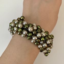 Green, Grey And Brown Real Pearl Cuff Bangle Bracelet, Silver Tone, Adjustable. 