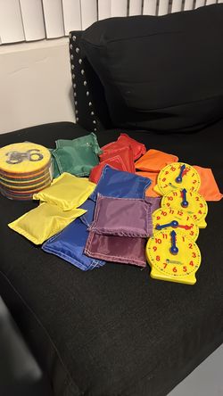 Learning resources bundle (spot markers, bean bags, manual clock)