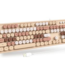 Computer Wired USB Keyboard - Milk Tea Full-Size Round Keycaps Retro Typewriter Keyboards, for Windows, PC, Laptop, Desktop, Mac