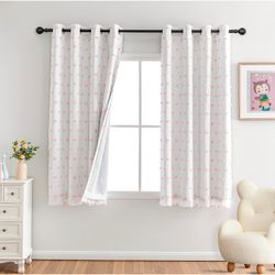 Double Layered Blackout Curtains, 52"x 54", Pink Pom Pom