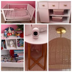 Toddler bedding ,corner table , changing table , and light fixtures also kid storage furniture 