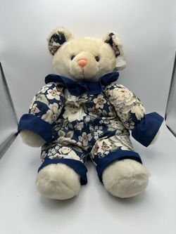 Circus Circus Las Vegas/Reno White Plush Teddy Bear Blue Floral Outfit Bow 16"