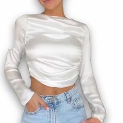 White Zara satin long sleeve crop top in a S