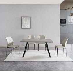 ZckyCine Modern 5-Piece Kitchen Table Set Rectangular Wood Dining Table with 4 Upholstered Leather Chairs (47.2" Table + 4 White Chairs)