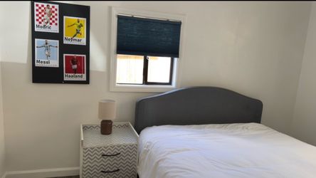 Queen Size Dark Gray Upholstered Bed + Mattress – $50 for the Set