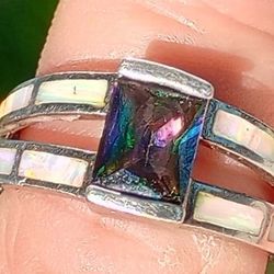 Vintage Sterling Silver Multicolored Opal Ring ........ Size 7