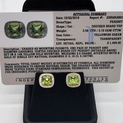 14k Yellow Gold - Peridot And Diamonds Earrings 