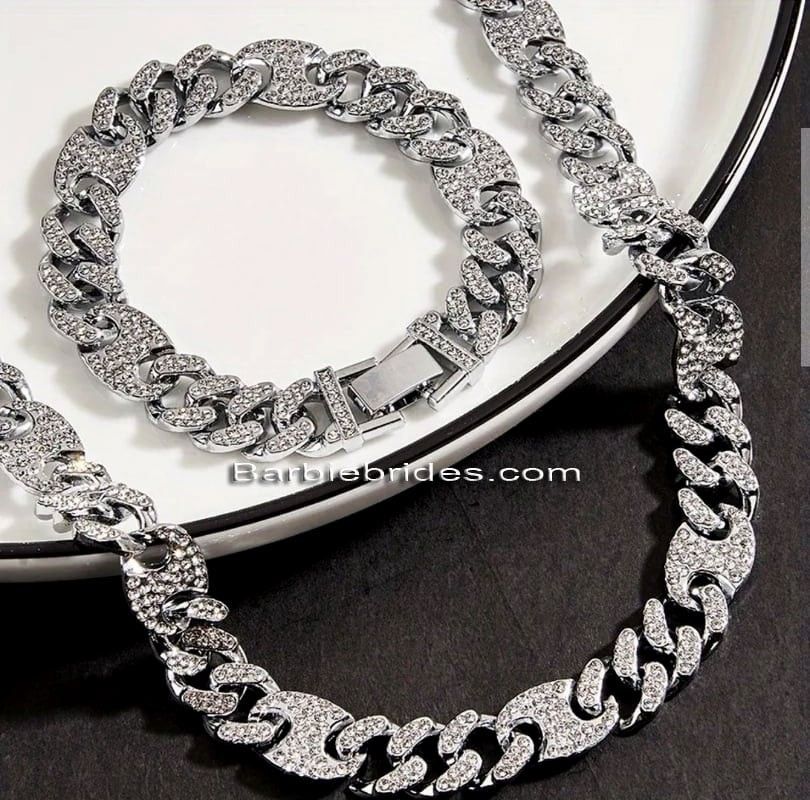 2-Pcs FULLY ICED 14K White Gold Plated Cubic Zirconia Coffee Beans Cuban Link Chain 18.5 Inches Necklace & Bracelet Set