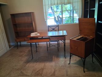 Desk, book case with 2 drawers, and side filing cabinet.