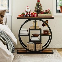 Side Table, 5-Tier Storage Narrow End Table, Industrial Wooden Nightstand with Geometric Metal Frame for Bedroom, Living Room, Rustic Brown