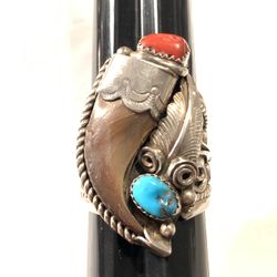 RARE JW TOADLENA Navajo Sterling Silver Coral Turquoise Claw Ring Sz 13.5
