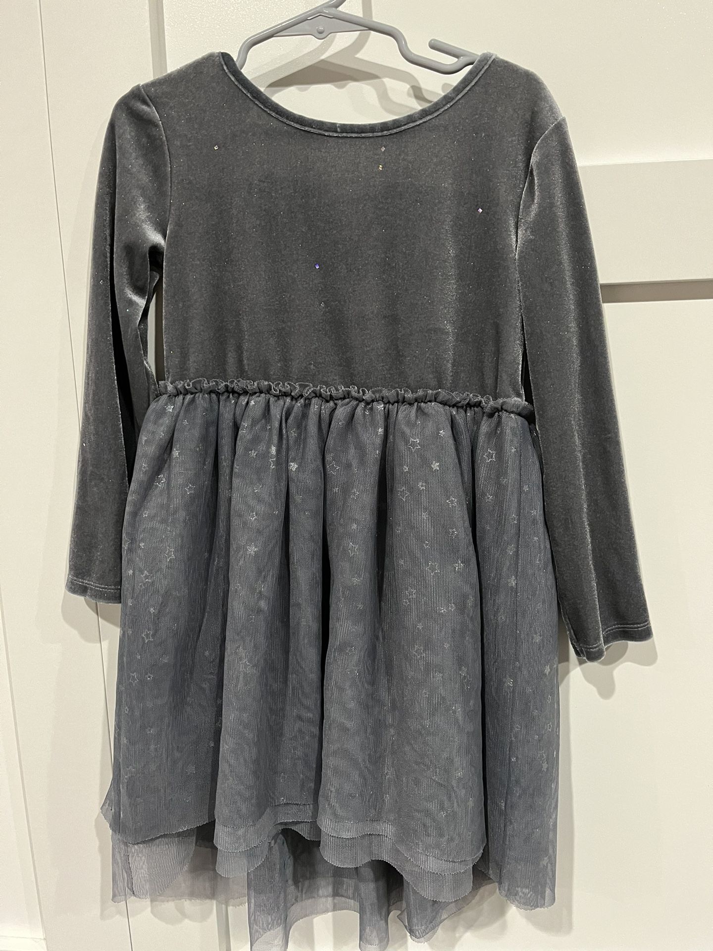 Cat & Jack Gray Girls Long Sleeve Dress Sparkle Star On Skirt Velvet Top XS 4/5