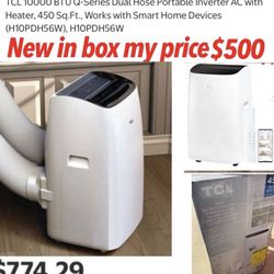 2&1 A/C heater New in box TCL 10000 BTU Q-Series Dual Hose Portable Inverter AC with Heater, 450 Sq.Ft., Works with Smart Home Devices (H10PDH56W), H1