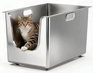 Stainless Steel Litter Box 13.7'' High Sides, XL Metal Cat Litter Box with Curved Low Entry, Cat Litter Pan for Big & Multiple Cats, Pet Toliet with H