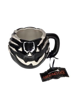 Broomstick Blvd Black And White Pumpkin Skeleton Halloween Ceramic Mug