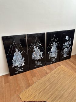 Set of 4 Vintage Chinese Black Lacquer and Mother of Pearl Inlay Fu Lu Shou Wall Panels Art