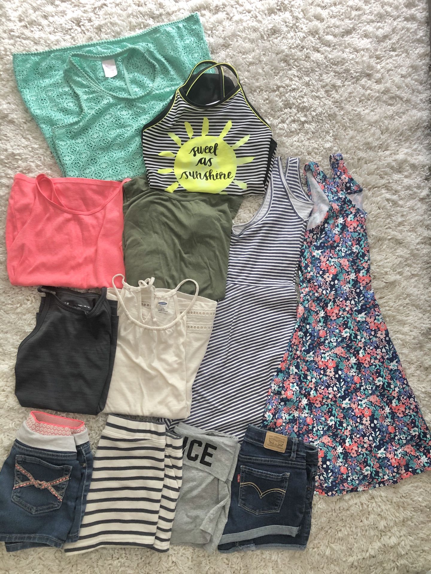 Girls summer clothes lot shorts / tops/ dress- OLD NAVY, LEVI, JUSTICE SIZE 10/12