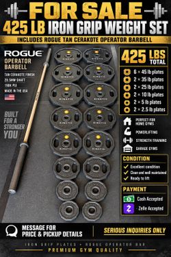 IRON GRIP OLYMPIC WEIGHT SET + ROGUE OPERATOR BARBELL