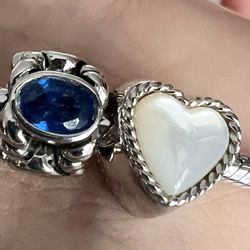2 Charms For Pandora 925 Sterling Silver MOP White Heart And Lab Sapphire 