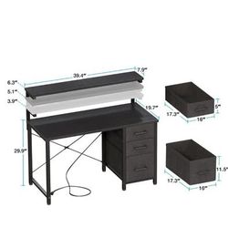 40 inch Computer Desk with Power Outlets & LED Lights, Home Office Desk with 3 Drawers