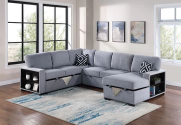 4-Piece Convertible Sectional
Sleeper Sofa W/Fold-Down Table, Chaise Storage, Wireless Charging & Built-in Shelf