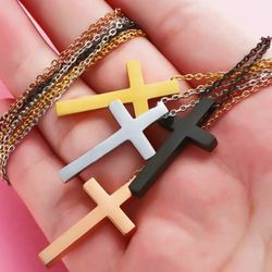 High-Quality Classic Stainless Steel Fashion 18" Rolo Necklace Simple Design Bar Engraved Mirrorr Cross Unisex Pendant In Gold/Silver/Rose-Gold