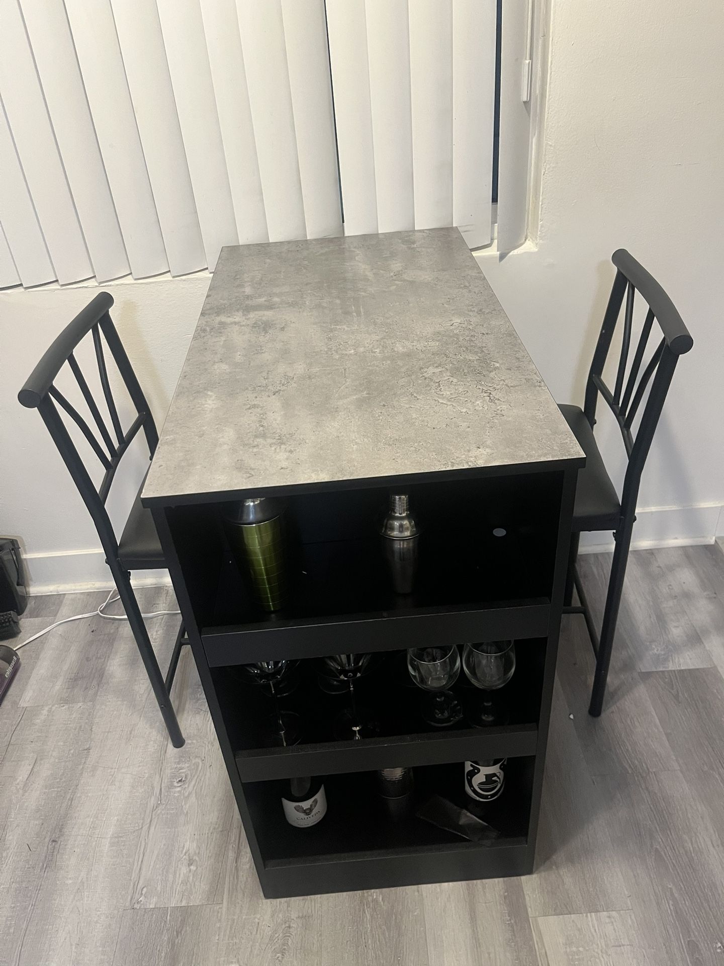 Small Bar Table and Chairs, Tall Kitchen Breakfast Nook with Stools/Dining Set for 2, Storage Shelves, Space-Saving, Gray